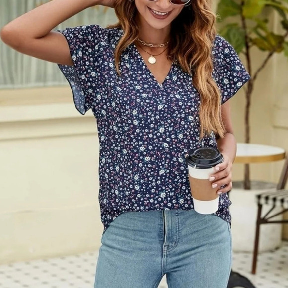 Boho Navy Floral V Neck Short Sleeve Medium Blouse - Picture 7 of 11